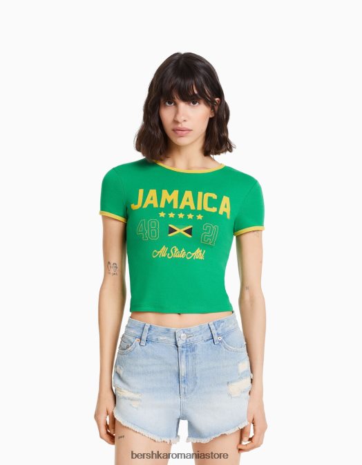 Bershka femei tricou cu maneca scurta cu imprimeu verde Z86D588 îmbrăcăminte
