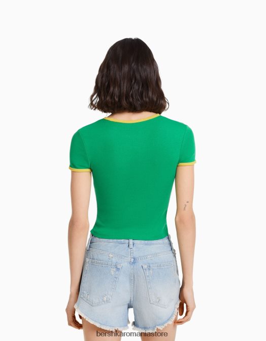 Bershka femei tricou cu maneca scurta cu imprimeu verde Z86D588 îmbrăcăminte