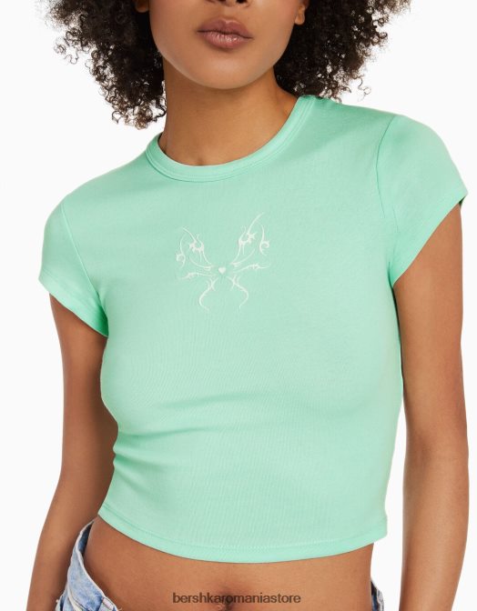 Bershka femei tricou cu maneca scurta cu imprimeu verde Z86D598 îmbrăcăminte