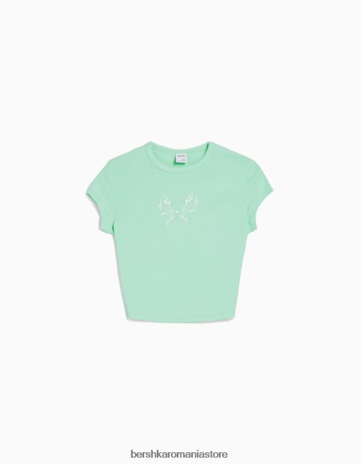 Bershka femei tricou cu maneca scurta cu imprimeu verde Z86D598 îmbrăcăminte
