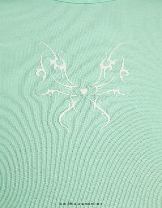 Bershka femei tricou cu maneca scurta cu imprimeu verde Z86D598 îmbrăcăminte