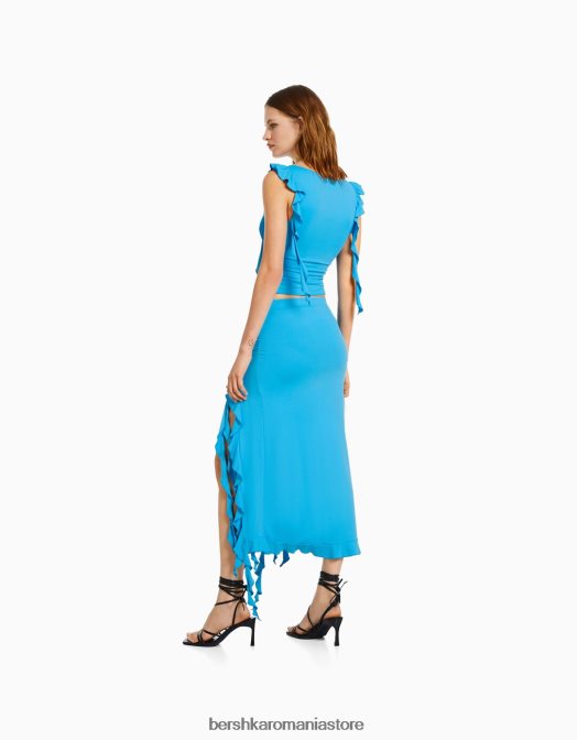 Bershka femei tricou cu maneci scurte cu volane albastru Z86D300 îmbrăcăminte