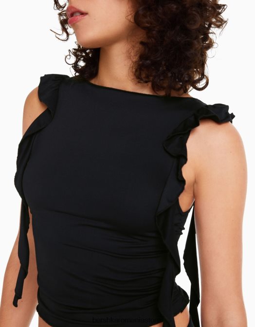 Bershka femei tricou cu maneci scurte cu volane negru Z86D301 îmbrăcăminte