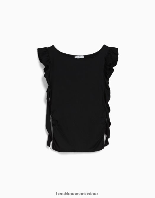 Bershka femei tricou cu maneci scurte cu volane negru Z86D301 îmbrăcăminte