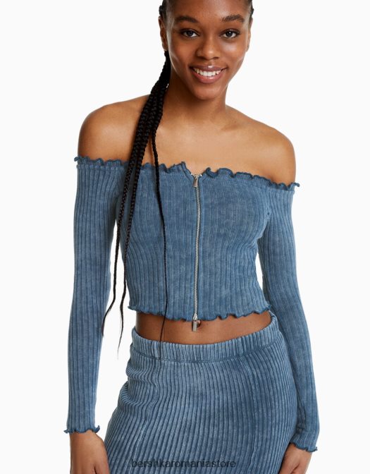 Bershka femei tricou decolorat cu mânecă lungă, cu fermoar albastru deschis Z86D2044 îmbrăcăminte