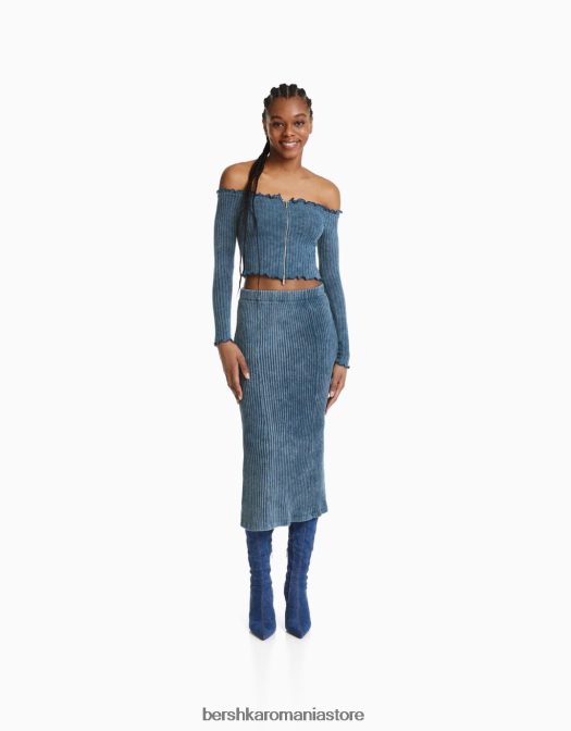 Bershka femei tricou decolorat cu mânecă lungă, cu fermoar albastru deschis Z86D2044 îmbrăcăminte