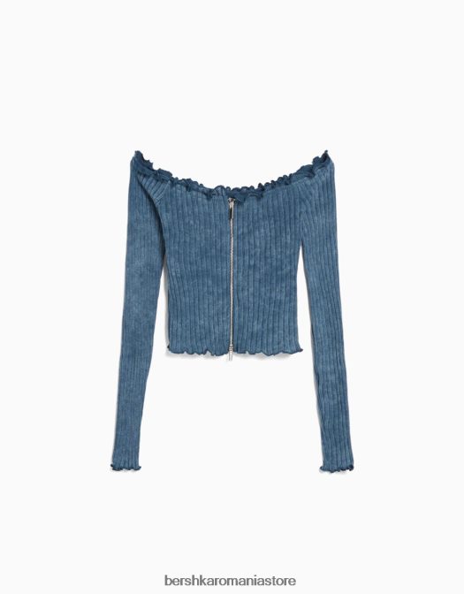 Bershka femei tricou decolorat cu mânecă lungă, cu fermoar albastru deschis Z86D2044 îmbrăcăminte