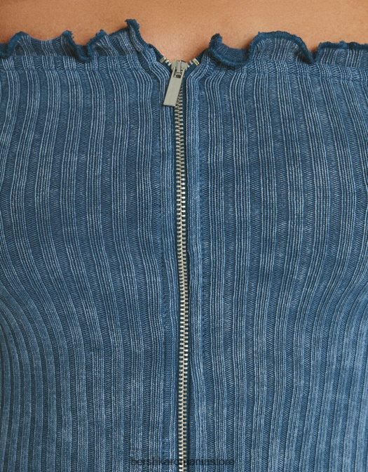 Bershka femei tricou decolorat cu mânecă lungă, cu fermoar albastru deschis Z86D2044 îmbrăcăminte