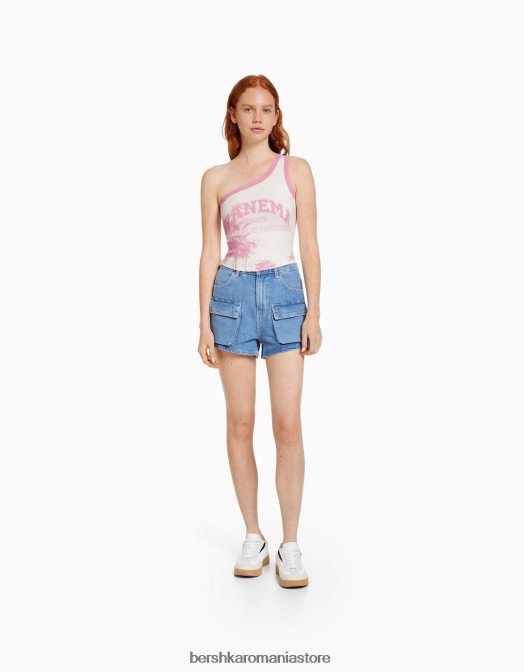 Bershka femei tricou decupat cu bretele imprimat aproape alb Z86D655 îmbrăcăminte