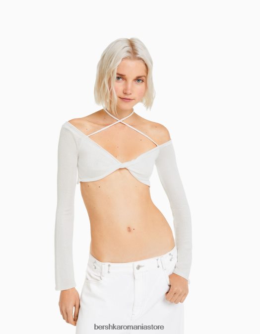 Bershka femei tricou decupat cu mânecă lungă, cu nod în mai multe direcții aproape alb Z86D455 îmbrăcăminte