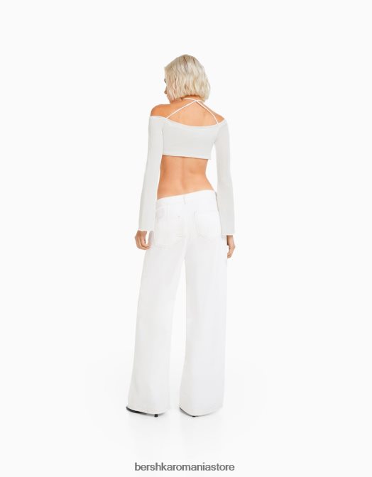 Bershka femei tricou decupat cu mânecă lungă, cu nod în mai multe direcții aproape alb Z86D455 îmbrăcăminte