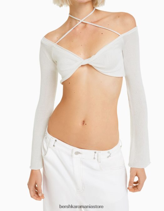 Bershka femei tricou decupat cu mânecă lungă, cu nod în mai multe direcții aproape alb Z86D455 îmbrăcăminte