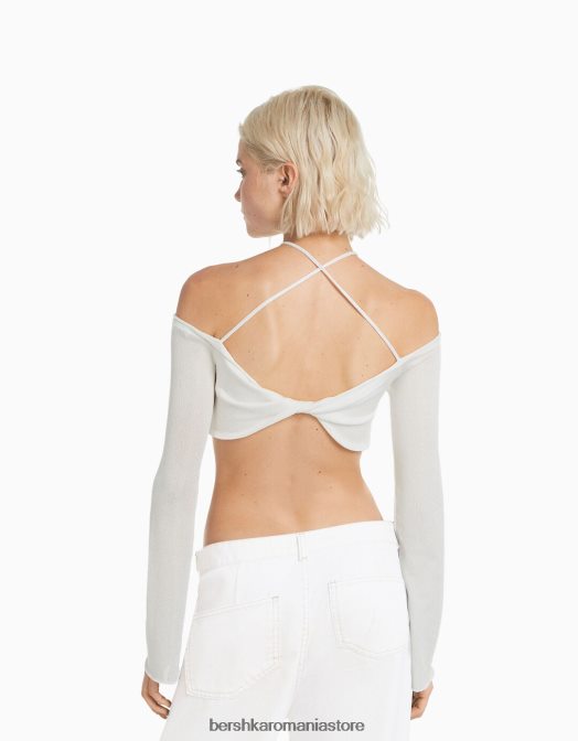 Bershka femei tricou decupat cu mânecă lungă, cu nod în mai multe direcții aproape alb Z86D455 îmbrăcăminte