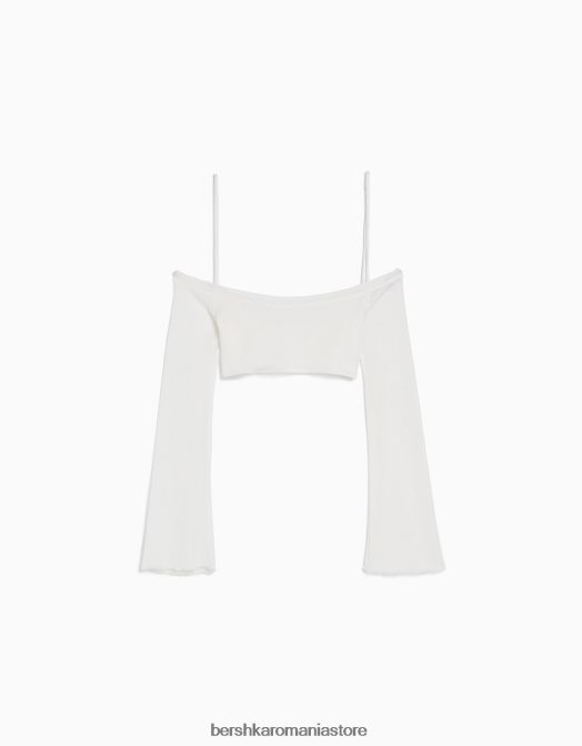 Bershka femei tricou decupat cu mânecă lungă, cu nod în mai multe direcții aproape alb Z86D455 îmbrăcăminte