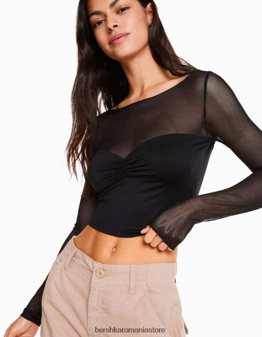 Bershka femei tricou decupat cu mânecă lungă și țesătură contrastantă negru Z86D499 îmbrăcăminte