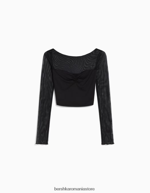 Bershka femei tricou decupat cu mânecă lungă și țesătură contrastantă negru Z86D499 îmbrăcăminte