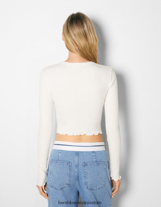 Bershka femei tricou decupat cu maneca lunga cu imprimeu alb Z86D532 îmbrăcăminte