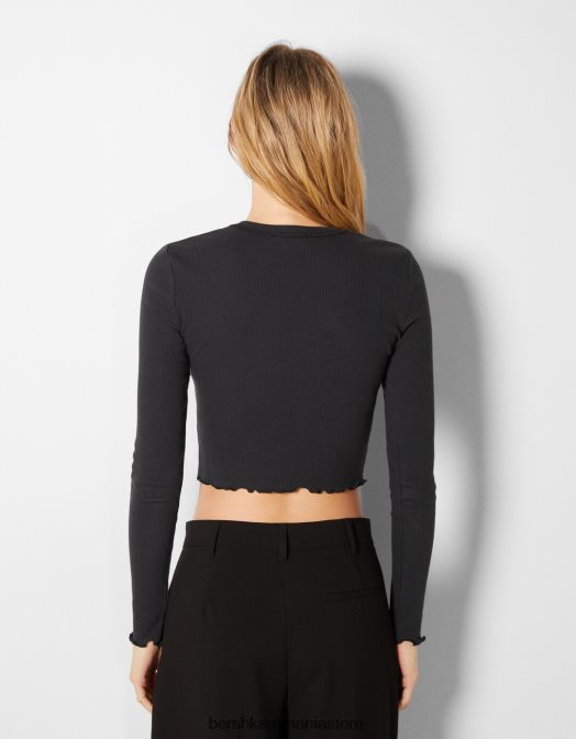 Bershka femei tricou decupat cu maneca lunga cu imprimeu albastru inchis Z86D530 îmbrăcăminte