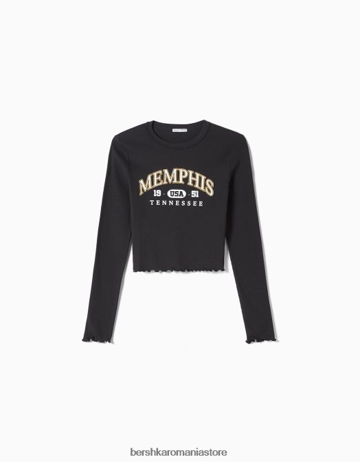 Bershka femei tricou decupat cu maneca lunga cu imprimeu albastru inchis Z86D530 îmbrăcăminte