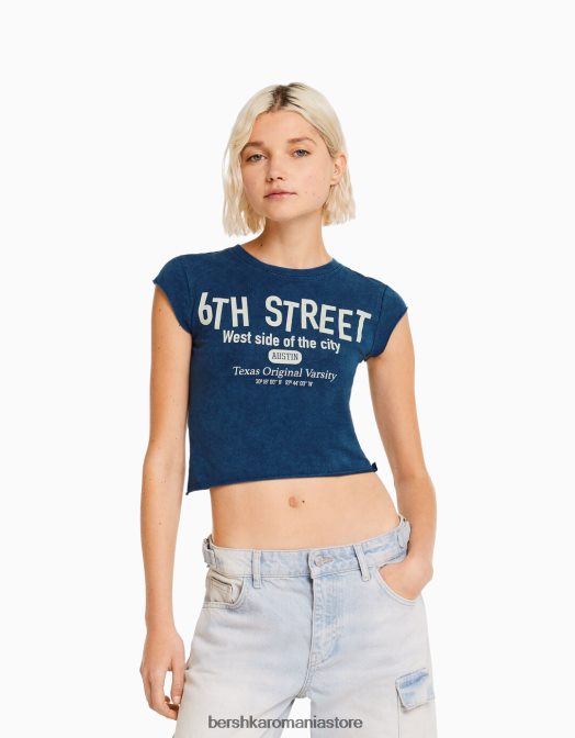 Bershka femei tricou decupat cu maneca scurta cu imprimeu albastru deschis Z86D449 îmbrăcăminte