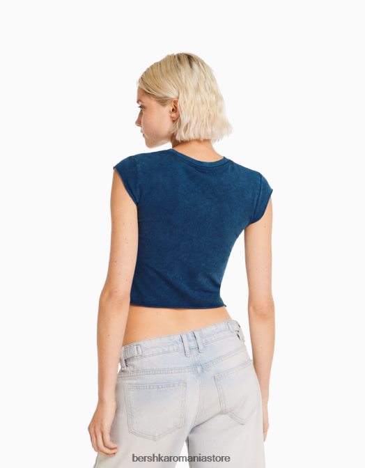 Bershka femei tricou decupat cu maneca scurta cu imprimeu albastru deschis Z86D449 îmbrăcăminte