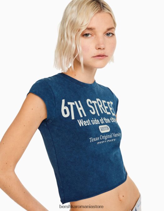 Bershka femei tricou decupat cu maneca scurta cu imprimeu albastru deschis Z86D449 îmbrăcăminte