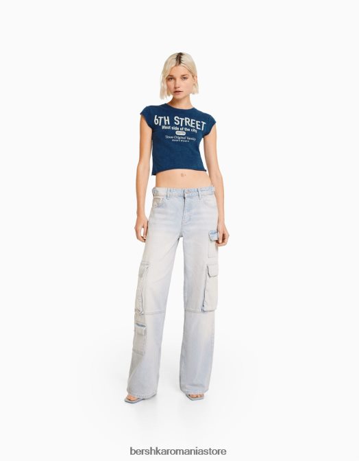 Bershka femei tricou decupat cu maneca scurta cu imprimeu albastru deschis Z86D449 îmbrăcăminte