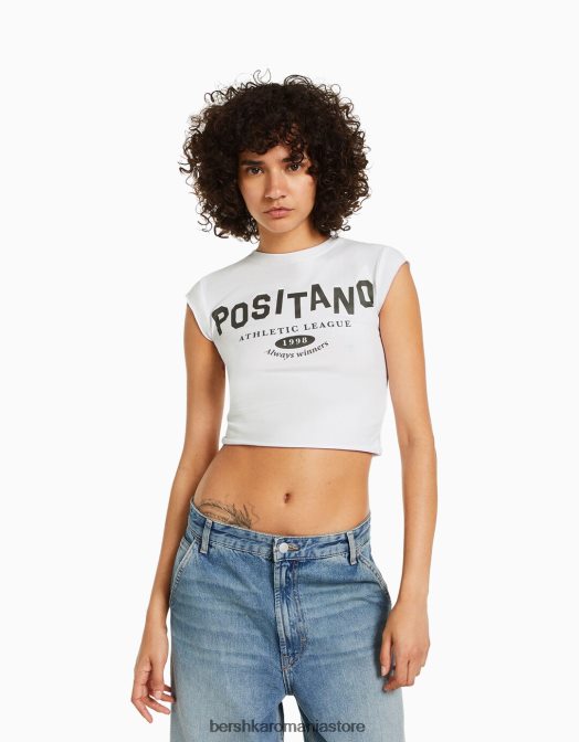 Bershka femei tricou decupat cu maneca scurta cu imprimeu aproape alb Z86D451 îmbrăcăminte
