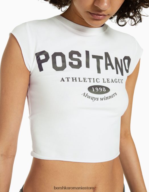 Bershka femei tricou decupat cu maneca scurta cu imprimeu aproape alb Z86D451 îmbrăcăminte