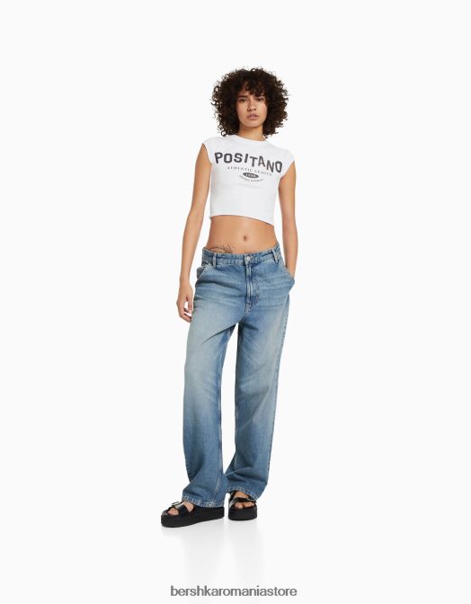 Bershka femei tricou decupat cu maneca scurta cu imprimeu aproape alb Z86D451 îmbrăcăminte