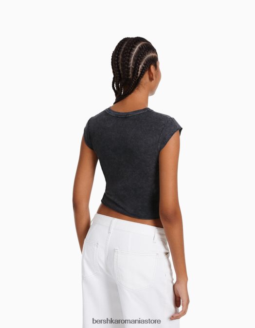 Bershka femei tricou decupat cu maneca scurta cu imprimeu gri Z86D450 îmbrăcăminte