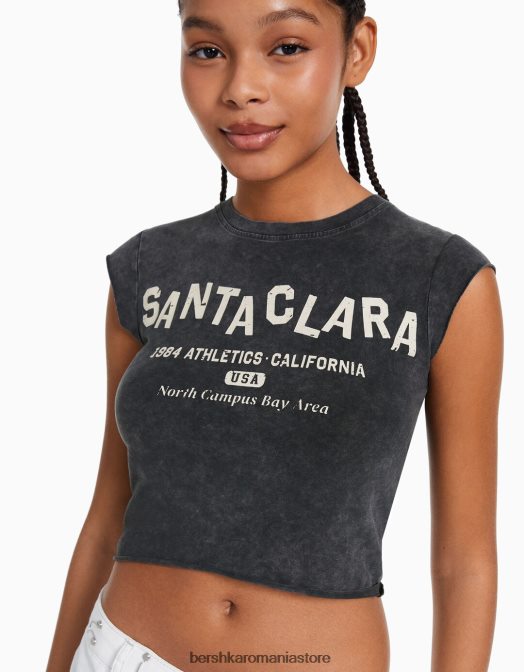 Bershka femei tricou decupat cu maneca scurta cu imprimeu gri Z86D450 îmbrăcăminte