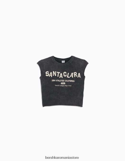 Bershka femei tricou decupat cu maneca scurta cu imprimeu gri Z86D450 îmbrăcăminte