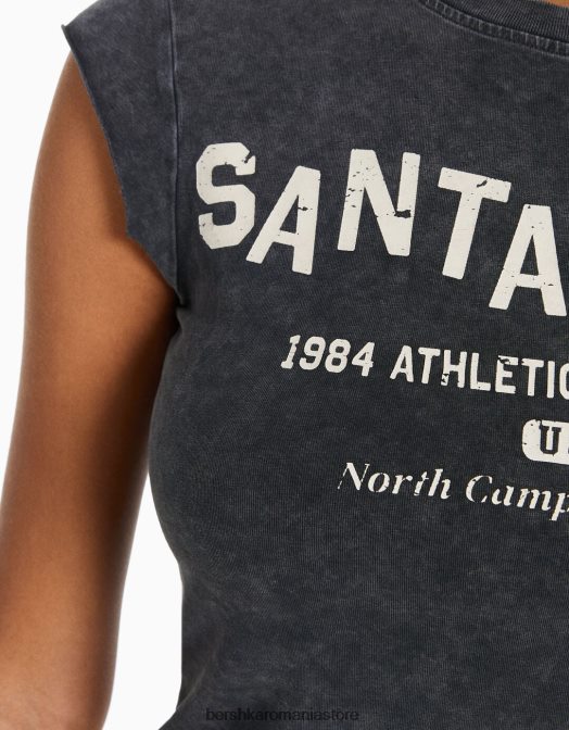 Bershka femei tricou decupat cu maneca scurta cu imprimeu gri Z86D450 îmbrăcăminte