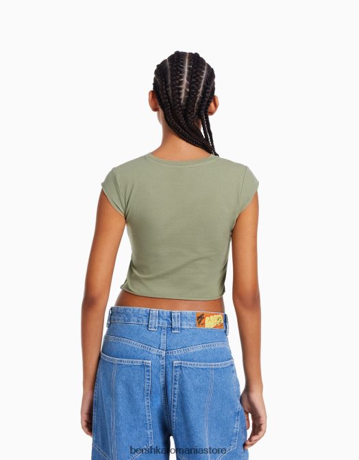 Bershka femei tricou decupat cu maneca scurta cu imprimeu verde Z86D452 îmbrăcăminte