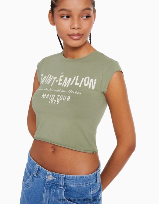 Bershka femei tricou decupat cu maneca scurta cu imprimeu verde Z86D452 îmbrăcăminte