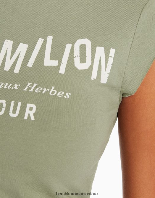 Bershka femei tricou decupat cu maneca scurta cu imprimeu verde Z86D452 îmbrăcăminte