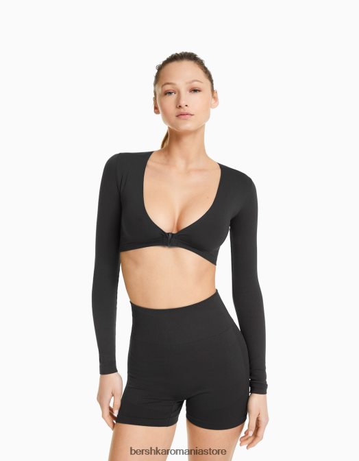 Bershka femei tricou decupat fără cusături, cu mânecă lungă, cu decolteu în V gri inchis Z86D370 îmbrăcăminte