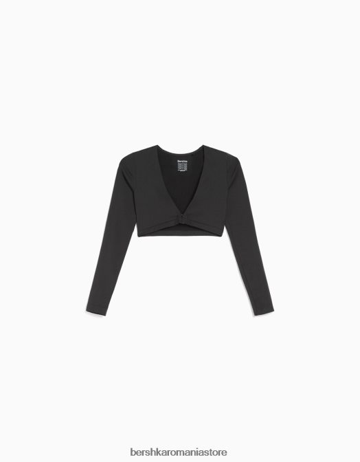 Bershka femei tricou decupat fără cusături, cu mânecă lungă, cu decolteu în V gri inchis Z86D370 îmbrăcăminte