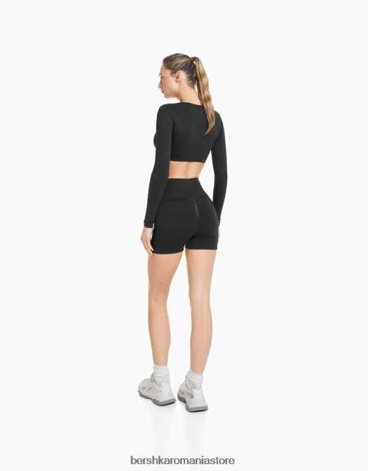 Bershka femei tricou decupat fără cusături, cu mânecă lungă, cu decolteu în V gri inchis Z86D372 îmbrăcăminte