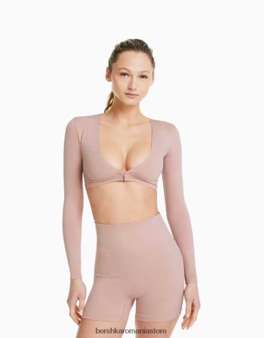 Bershka femei tricou decupat fără cusături, cu mânecă lungă, cu decolteu în V roz Z86D371 îmbrăcăminte