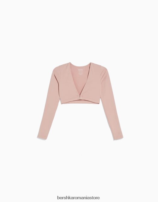 Bershka femei tricou decupat fără cusături, cu mânecă lungă, cu decolteu în V roz Z86D371 îmbrăcăminte