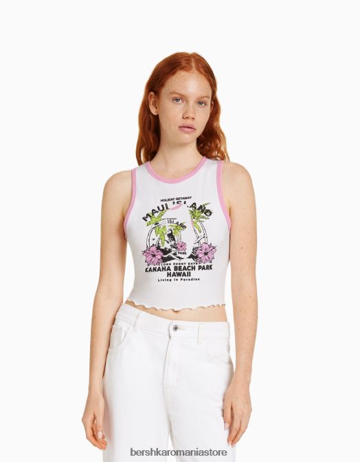 Bershka femei tricou decupat imprimat fără mâneci alb Z86D295 îmbrăcăminte