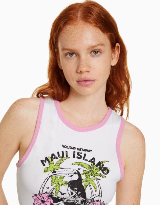 Bershka femei tricou decupat imprimat fără mâneci alb Z86D295 îmbrăcăminte