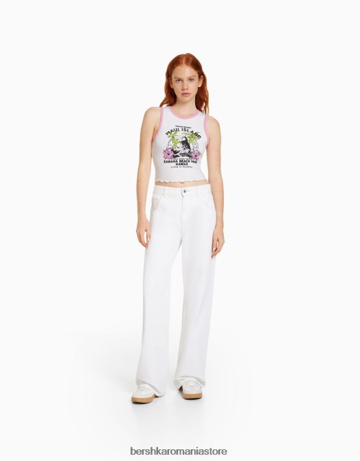 Bershka femei tricou decupat imprimat fără mâneci alb Z86D295 îmbrăcăminte