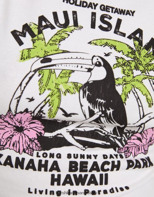 Bershka femei tricou decupat imprimat fără mâneci alb Z86D295 îmbrăcăminte