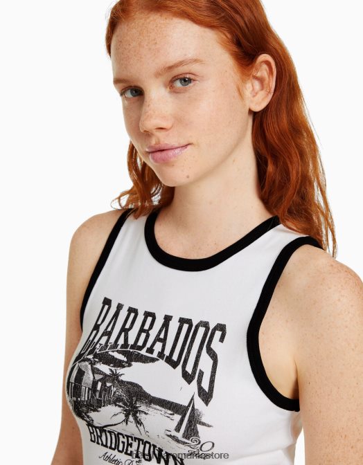 Bershka femei tricou decupat imprimat fără mâneci alb negru Z86D293 îmbrăcăminte