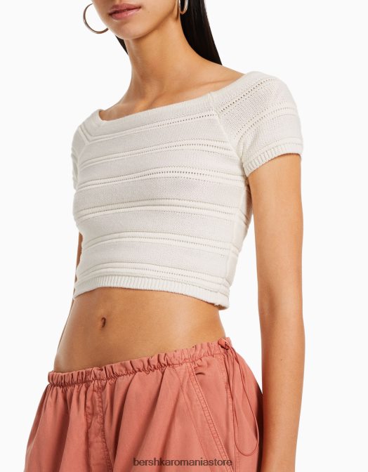 Bershka femei tricou din bumbac din tricot cu mâneci scurte cremă Z86D425 îmbrăcăminte