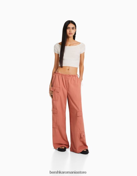 Bershka femei tricou din bumbac din tricot cu mâneci scurte cremă Z86D425 îmbrăcăminte