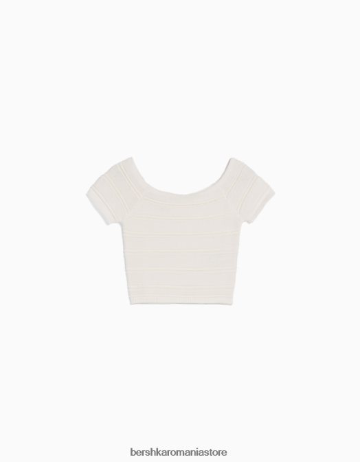 Bershka femei tricou din bumbac din tricot cu mâneci scurte cremă Z86D425 îmbrăcăminte